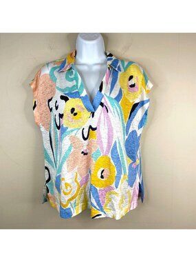 Rachel Zoe Linen Top NWT Large Knit Floral Art To Wear Travel Vacation Resort